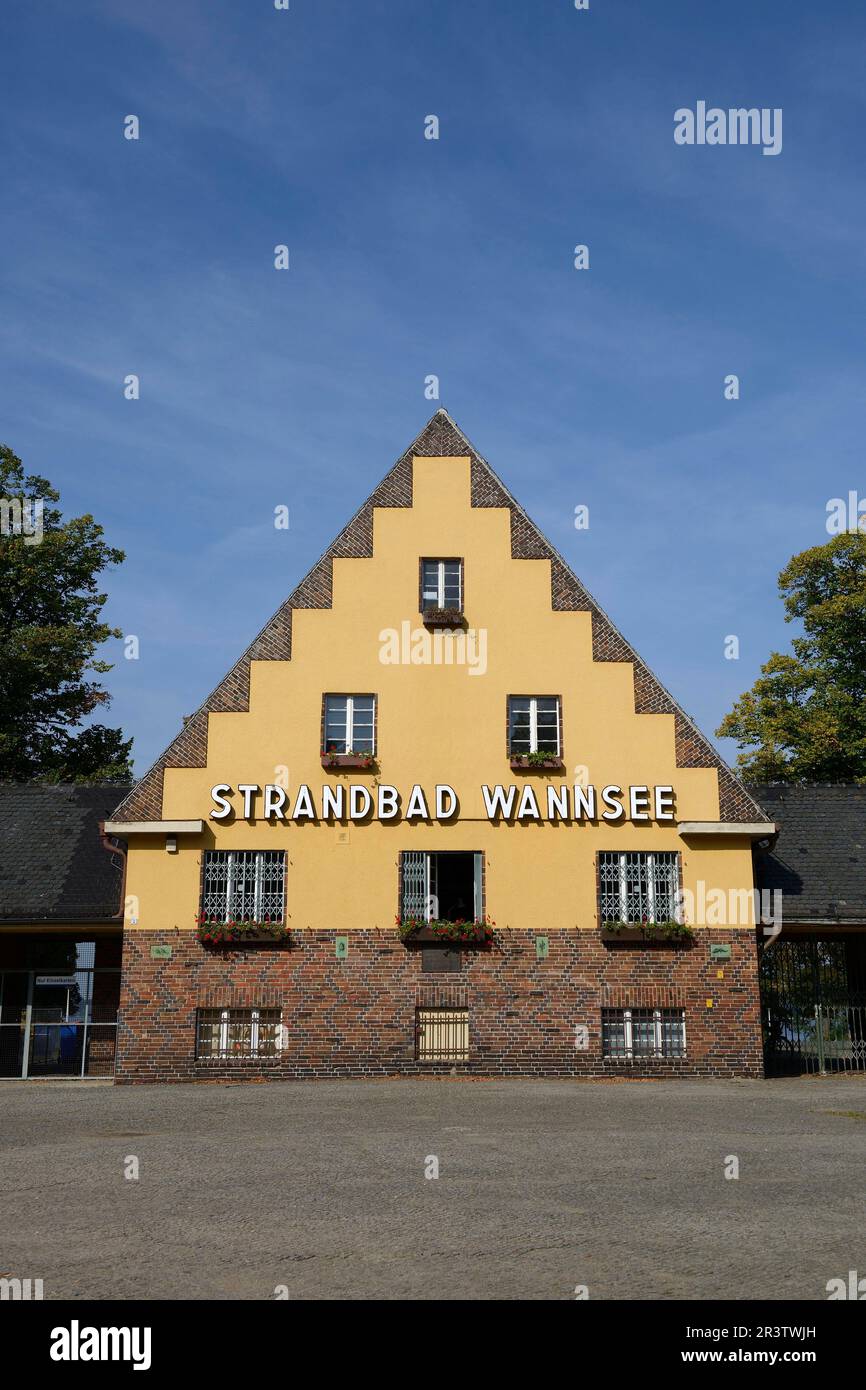 Zona d'ingresso, ingresso, Strandbad Wannsee, Berlin-Nikolassee, quartiere Steglitz-Zehlendorf, Berlino, Germania Foto Stock