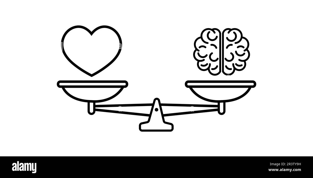 Illustrazione vettoriale del cuore e del cervello su scale. Equilibrio di amore, mente, concetto logico semplice concetto piatto illustrazione. Illustrazione Vettoriale