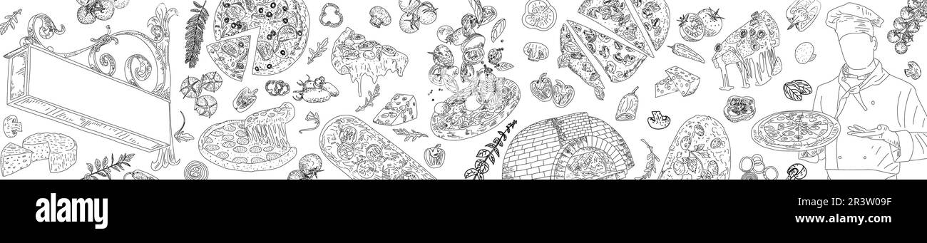 Cornice con vista dall'alto della cucina italiana. Immagine incisa. Schizzo vintage disegnato a mano. Cornice disegnata a mano per pizza. Elementi di design del menu del cibo. Illustrazione vettoriale. Illustrazione Vettoriale