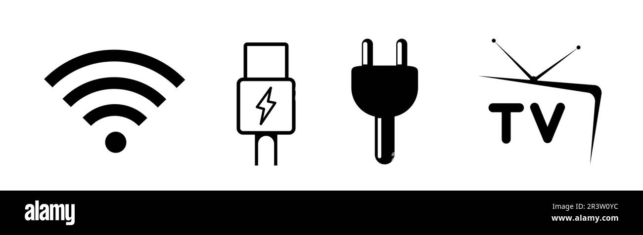 Set di icone simbolo del simbolo del cavo USB del TV WiFi Illustrazione Vettoriale