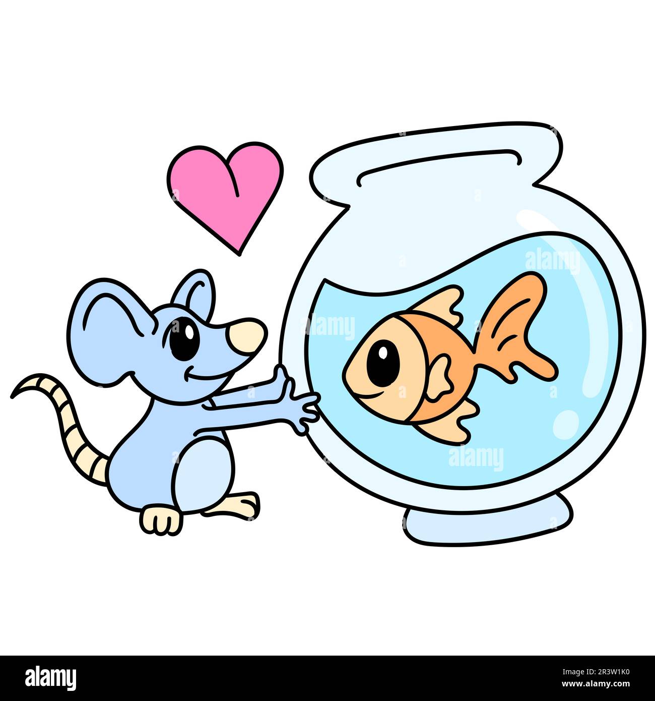 San Valentino un topo si innamorò di un pesce in un acquario, doodle icona immagine kawaii Foto Stock