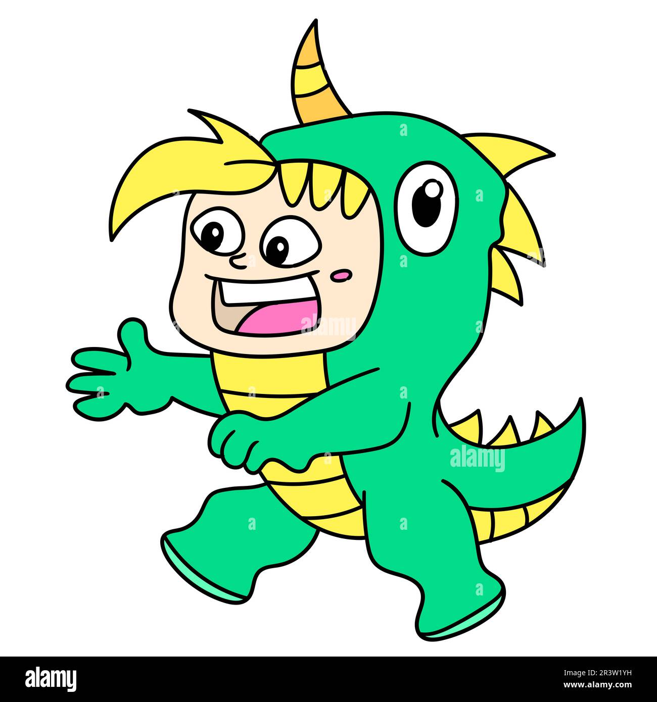 Bambini che indossano costumi di dinosauro durante Halloween, icona di doodle immagine kawaii Foto Stock