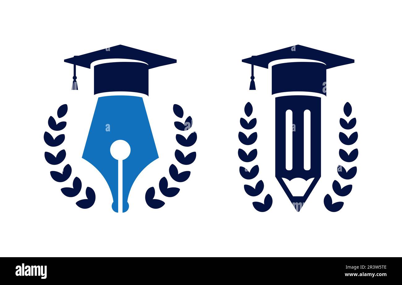 Modelli di design del logo Education. Penna e matita con tappo graduato. Isolato su sfondo bianco Illustrazione Vettoriale