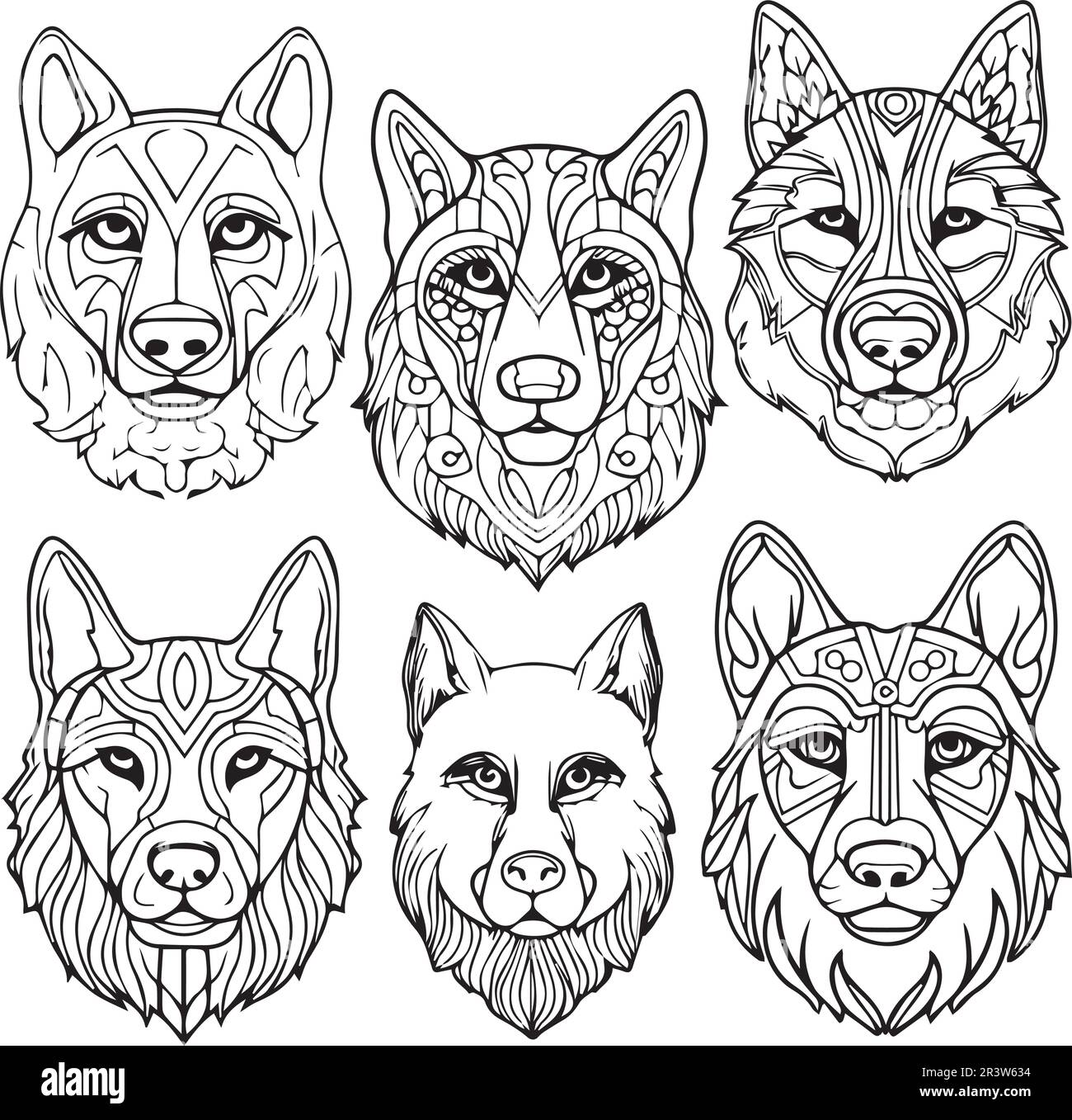 Disegno di un set vettoriale teste di cane e lupo. Illustrazione Vettoriale