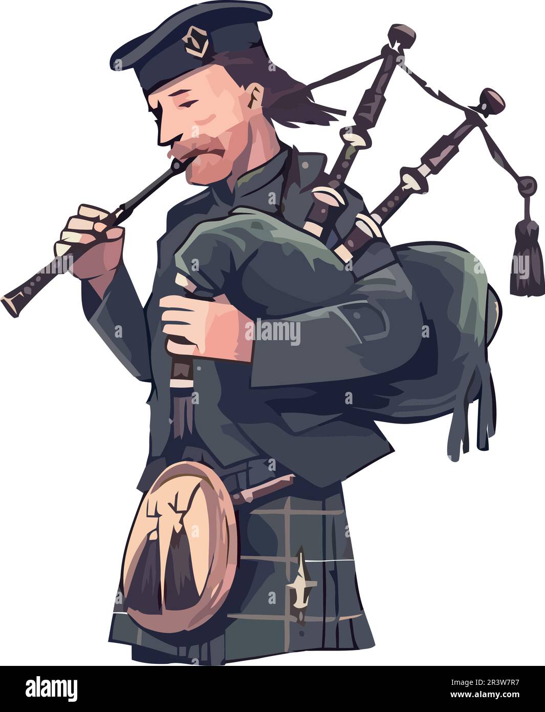 Una persona che gioca lo strumento bagpipe in uniforme Illustrazione Vettoriale