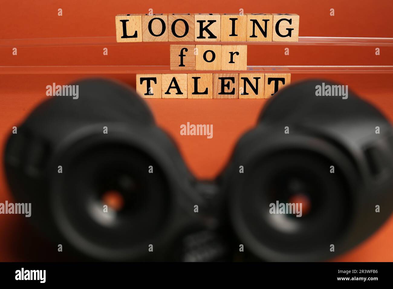 Concetto di reclutamento del personale. Frase cercando talento fatto di cubetti di legno e binocolo su sfondo arancione, fuoco selettivo Foto Stock