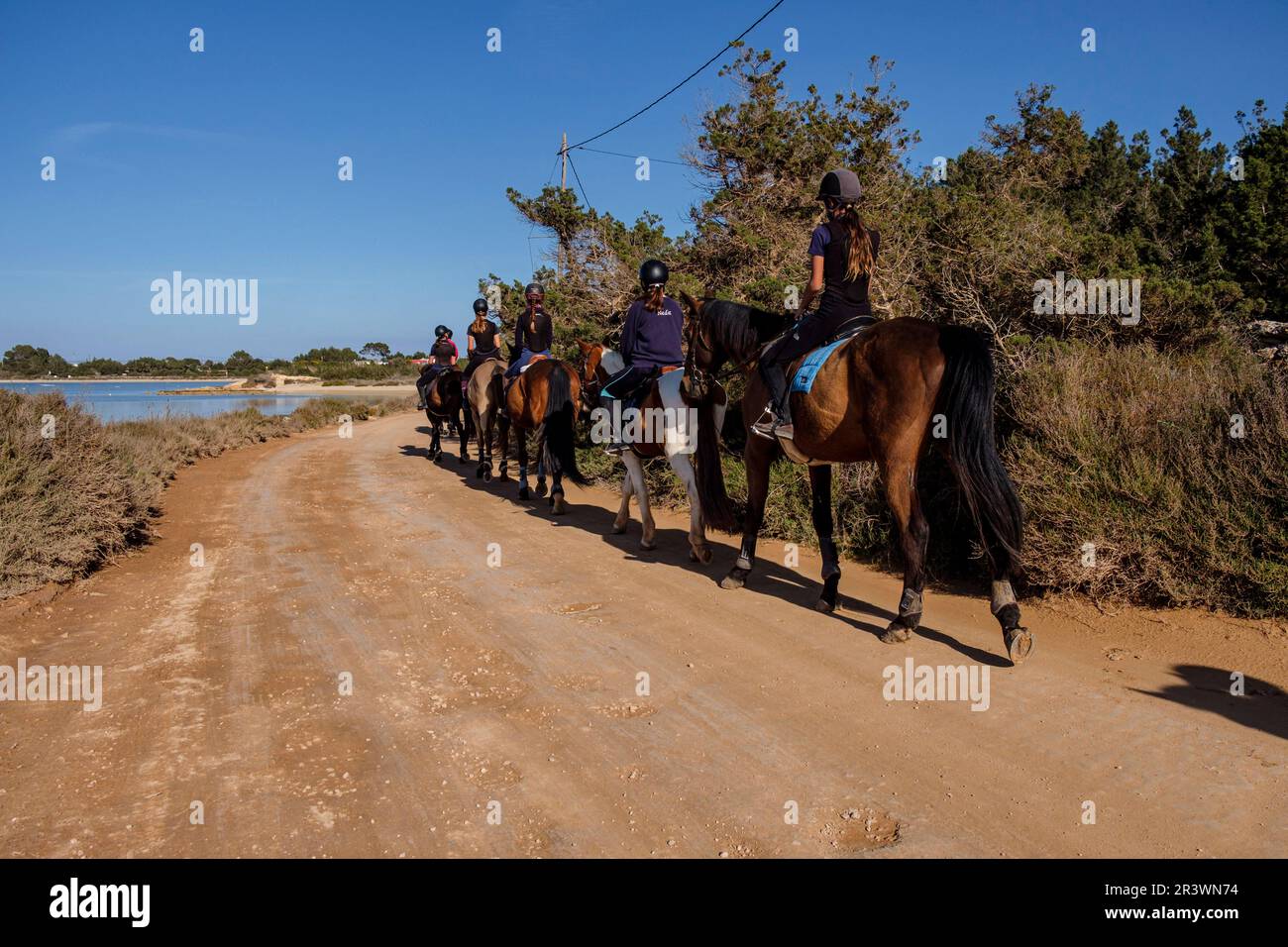 Cavalieri che percorrono un percorso verde vicino all'Estany des Peix Foto Stock