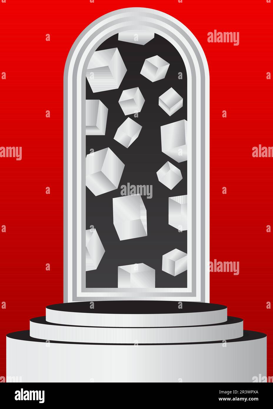 Display del prodotto in bianco, nero e rosso. Cilindro mockup piedistallo podio. Vetrina astratta futuristica per la presentazione. Sala Vector 3D realistica, Illustrazione Vettoriale