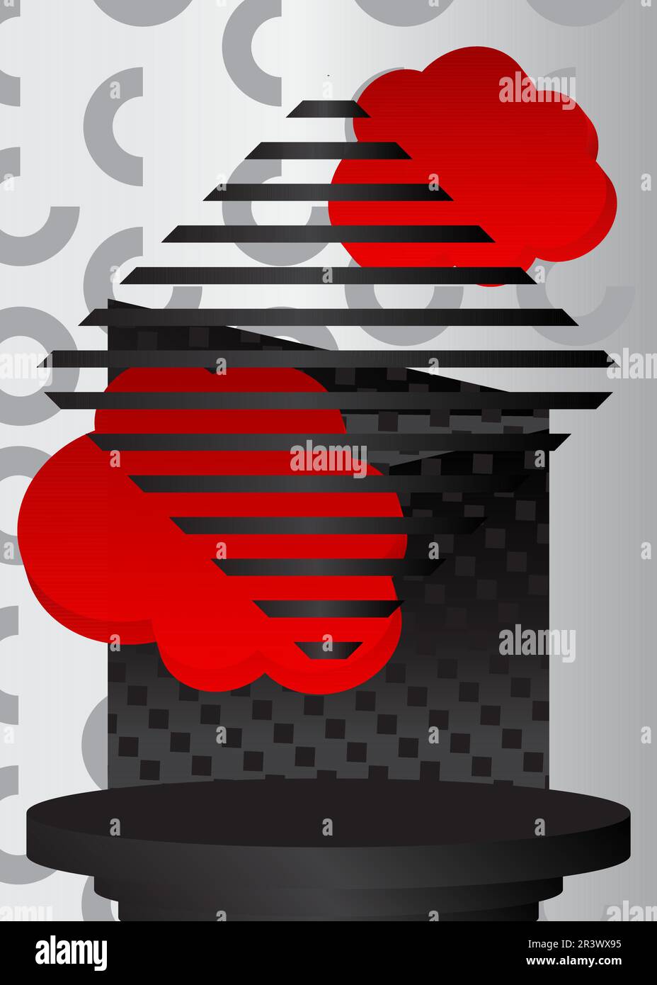 Display del prodotto in bianco, nero e rosso. Cilindro mockup piedistallo podio. Vetrina astratta futuristica per la presentazione. Sala Vector 3D realistica, Illustrazione Vettoriale