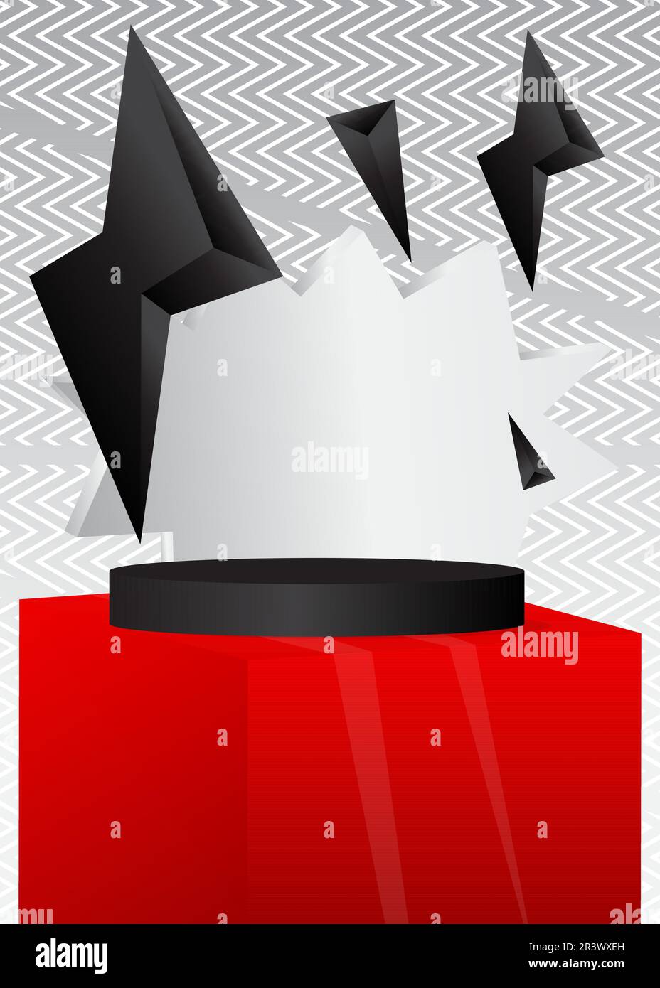 Display del prodotto in bianco, nero e rosso. Cilindro mockup piedistallo podio. Vetrina astratta futuristica per la presentazione. Sala Vector 3D realistica, Illustrazione Vettoriale
