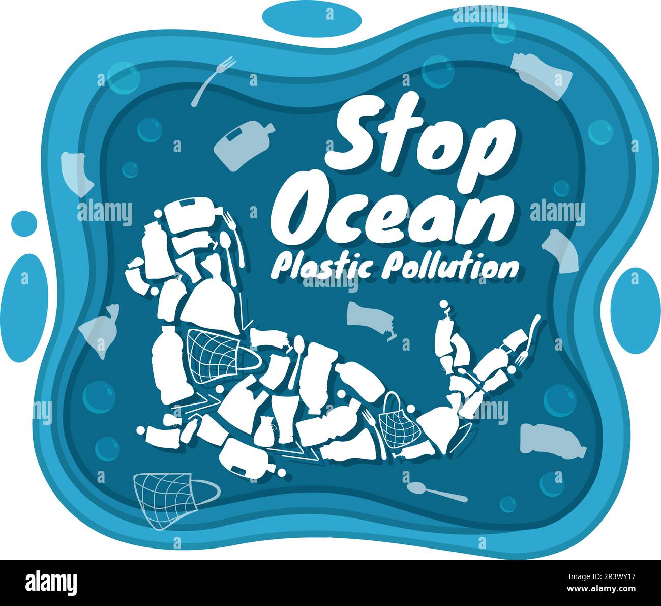 Stop Ocean Plastic Pollution Vector Illustration con Cestino sotto il mare come una sacca di rifiuti, rifiuti e bottiglia in Cartoon piano modelli disegnati a mano Illustrazione Vettoriale