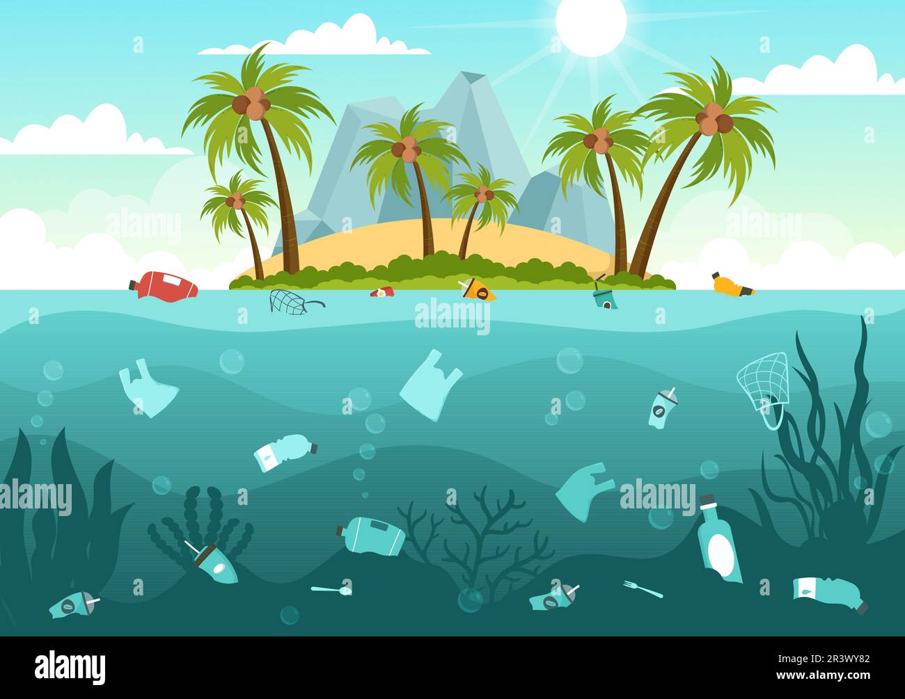 Stop Ocean Plastic Pollution Vector Illustration con Cestino sotto il mare come una sacca di rifiuti, rifiuti e bottiglia in Cartoon piano modelli disegnati a mano Illustrazione Vettoriale