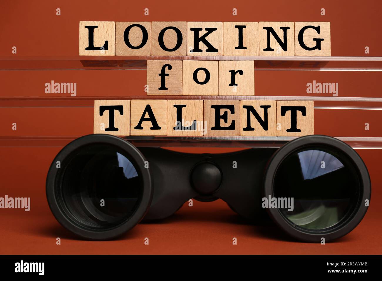 Concetto di reclutamento del personale. Frase cercando talento fatto di cubetti di legno e binocolo su sfondo arancione Foto Stock