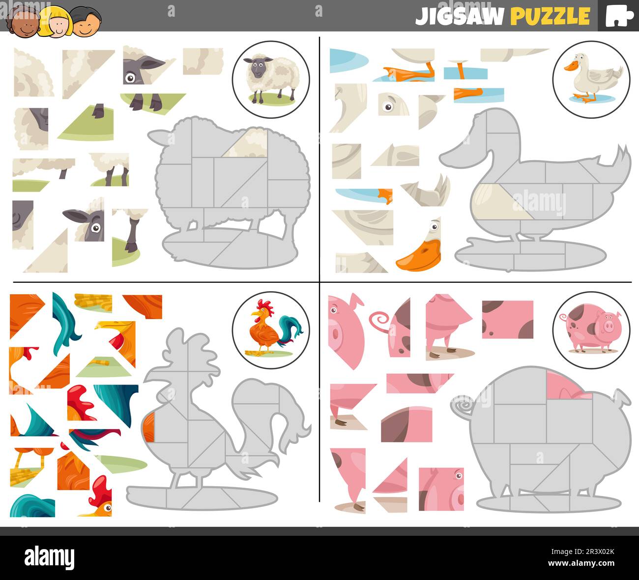 Giochi di puzzle jigsaw con animali da fattoria cartoni animati Foto Stock