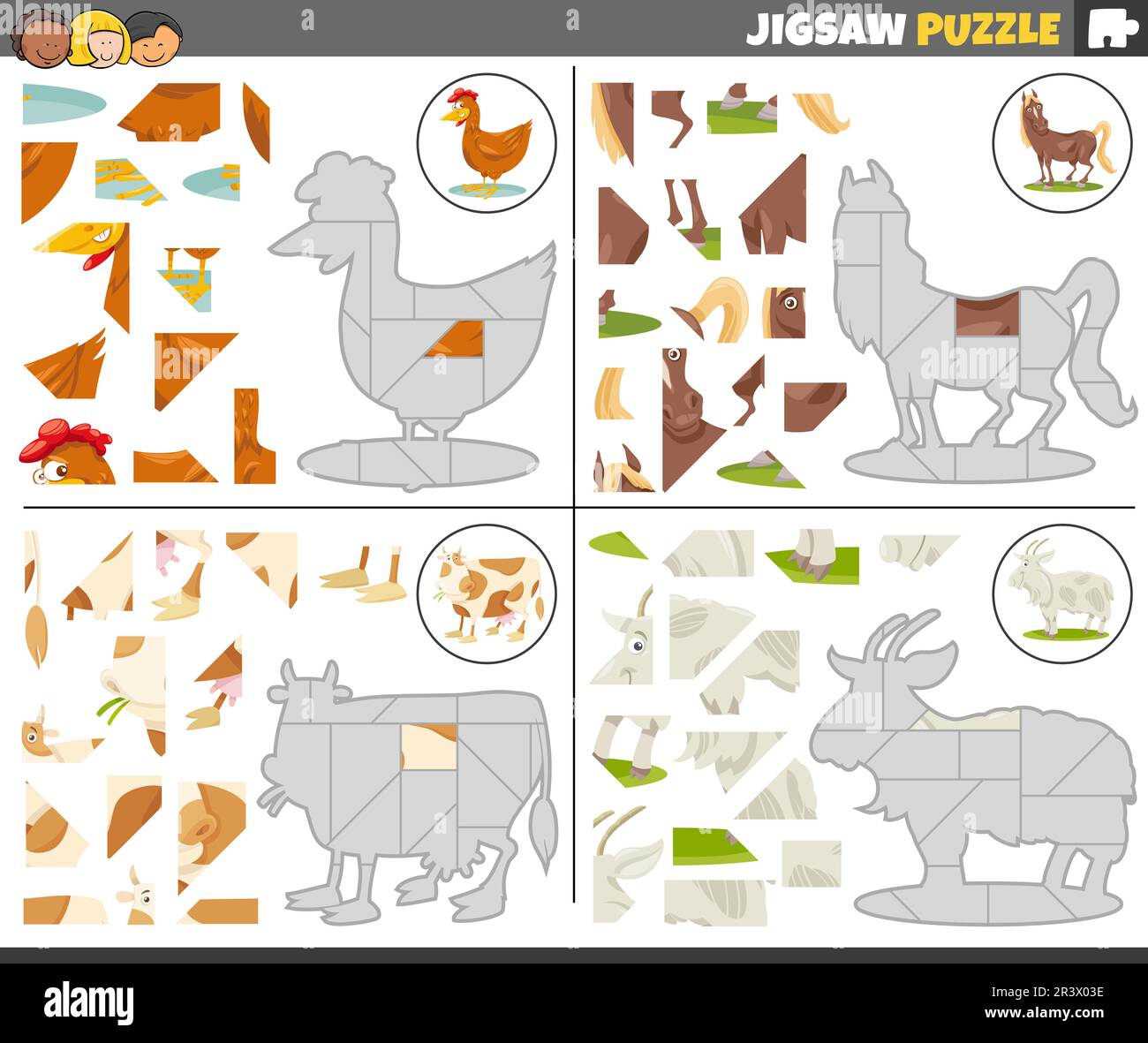 Giochi di puzzle jigsaw con animali da fattoria cartoni animati Foto Stock