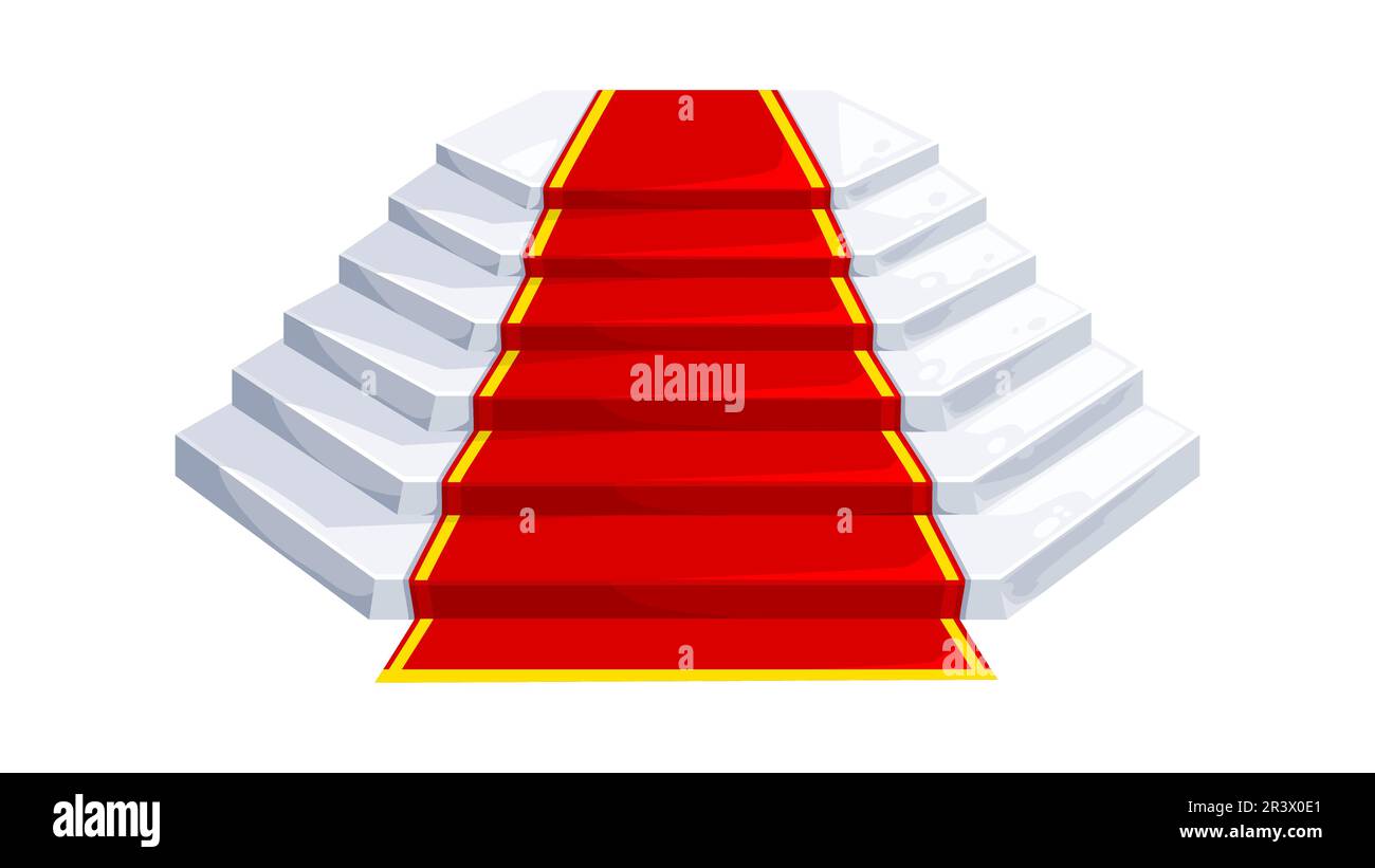 Castello e scala del palazzo. Scale in marmo con moquette rossa, elemento vettoriale degli interni. Scala dei cartoni animati del castello reale medievale, palazzo del regno delle fate o dei fantasy. Scala in pietra bianca vista frontale Illustrazione Vettoriale