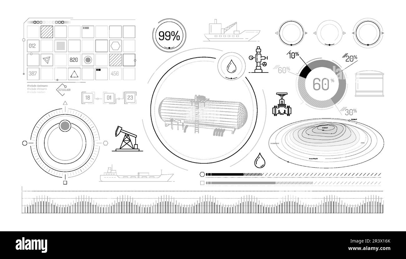 Set di elementi infografici sullo stoccaggio e il trasporto di petrolio. Illustrazione Vettoriale