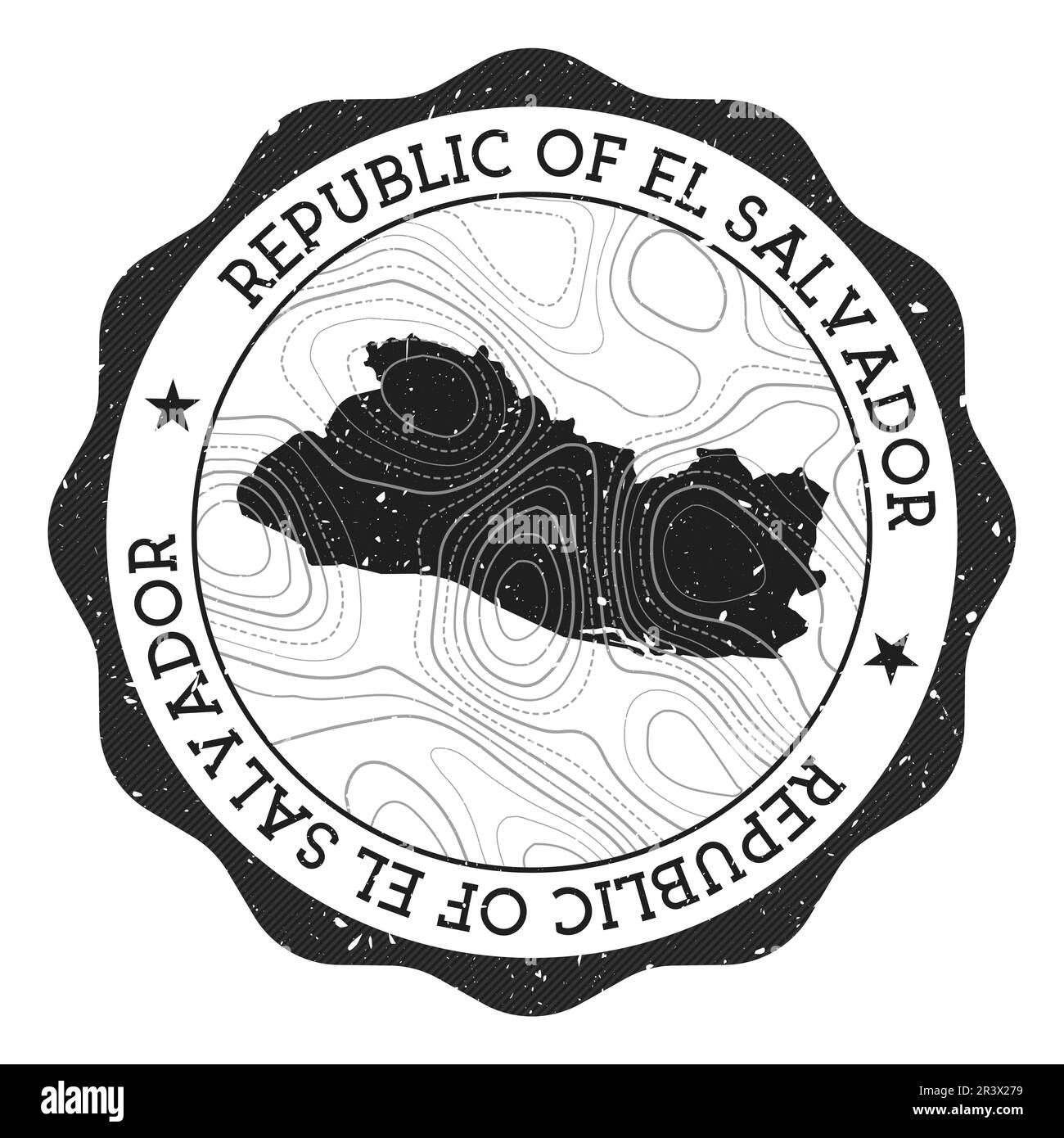 Repubblica di El Salvador francobollo all'aperto. Adesivo rotondo con mappa del paese con isolini topografici. Illustrazione vettoriale. Illustrazione Vettoriale