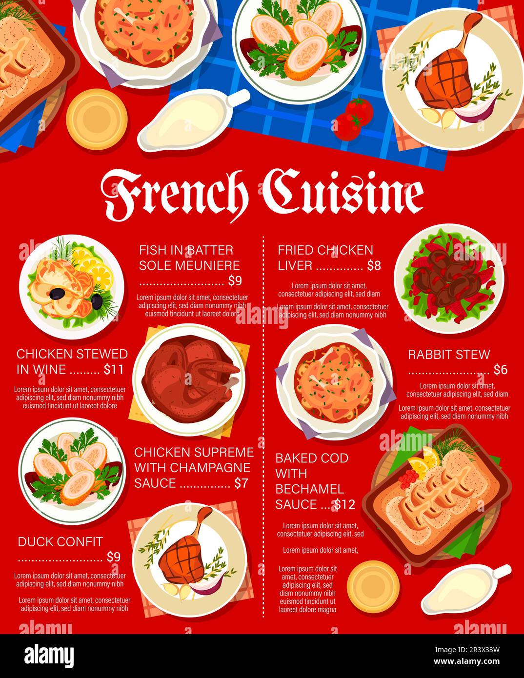 Menu del ristorante di cucina francese. Fegato di pollo fritto, confit d'anatra e pollo stufato nel vino, pesce in pastella sogliola Meuniere, merluzzo con salsa di bechamel e pollo supremo con salsa di champagne, stufato di coniglio Illustrazione Vettoriale