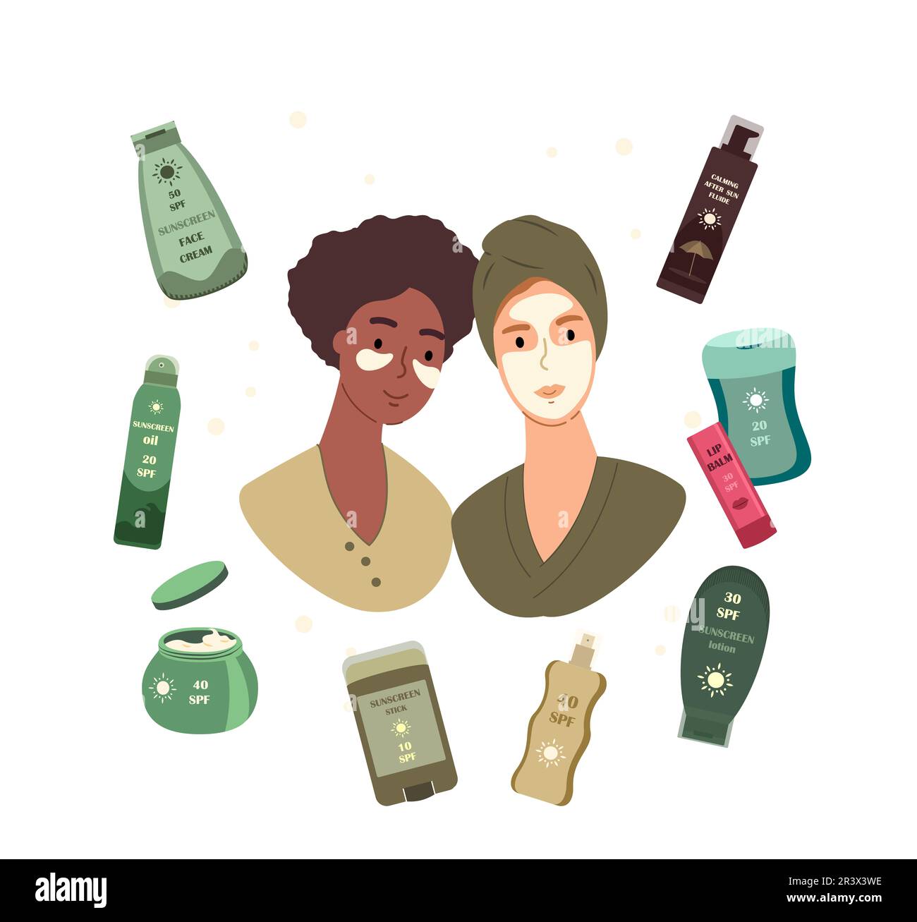 Donne che utilizzano tubi e bottiglie di prodotti solari crema solare con diversi livelli di protezione SPF. Crema anti-UV, lozione, fluide, spray e Stick.Flat ve Foto Stock