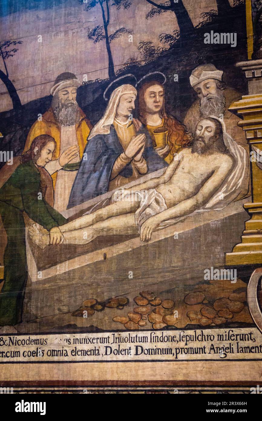 Dipinti murali, storici secoli 16th-17th, , Chiesa dell'Arcangelo Michele, 15th-16th ° secolo, Binarowa, Malopolska, Carpazi, Polonia. Foto Stock