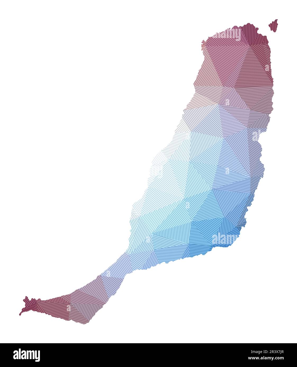 Mappa di Fuerteventura. Bassa illustrazione poly dell'isola. Disegno geometrico a strisce. Tecnologia, Internet, concetto di rete. Illustrazione vettoriale. Illustrazione Vettoriale