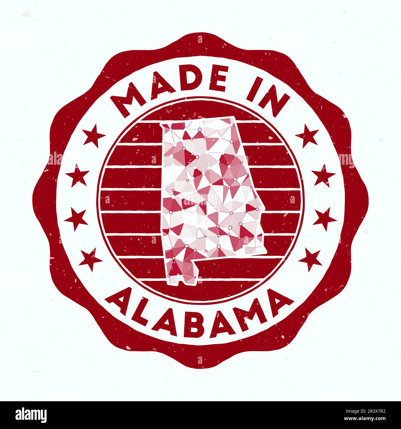Fabbricato in Alabama. Francobollo rotondo dello stato AMERICANO. Sigillo dell'Alabama con forma di confine. Badge vintage con testo circolare e stelle. Illustrazione vettoriale. Illustrazione Vettoriale