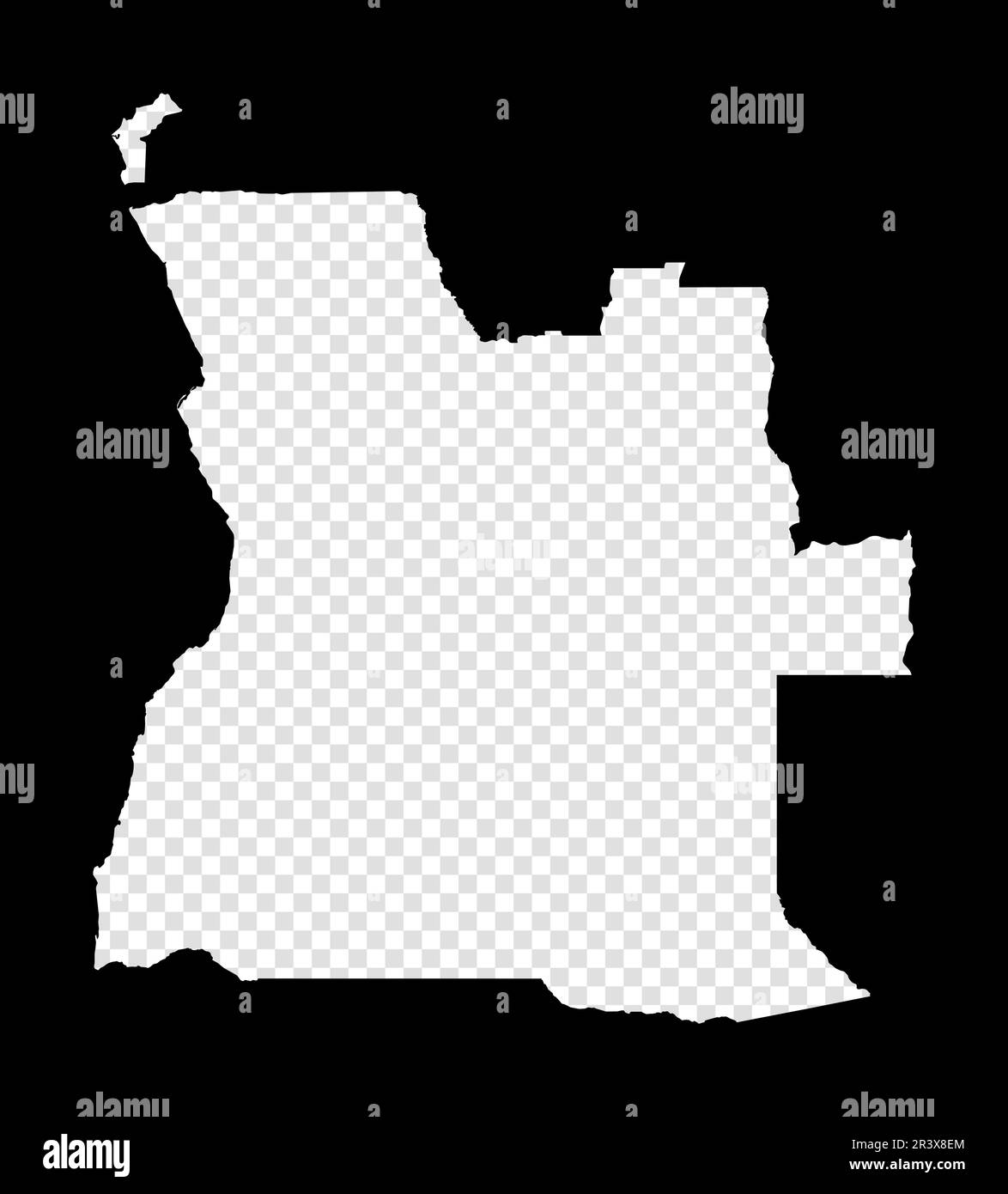 Mappa stencil dell'Angola. Mappa semplice e minima trasparente dell'Angola. Rettangolo nero con forma tagliata del paese. Bella illustrazione vettoriale. Illustrazione Vettoriale