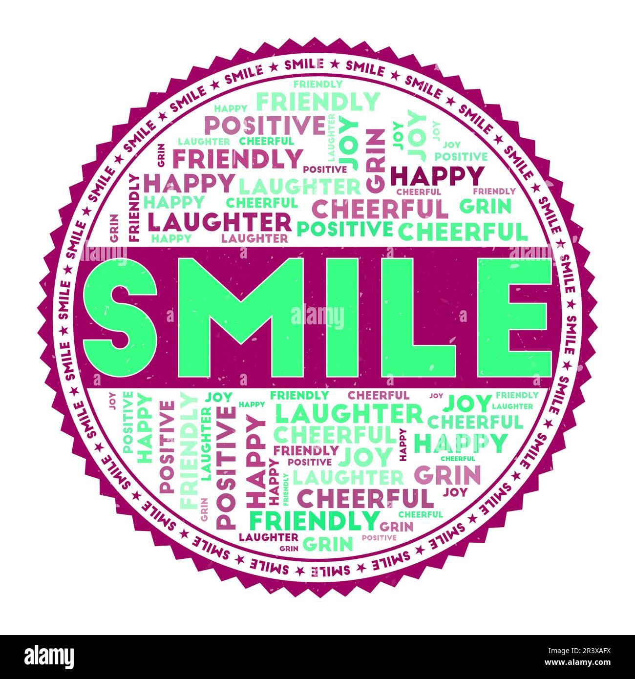 IMMAGINE SORRIDERE. Concetto di sorriso con nuvole di parole e testo rotondo. Bei colori e texture grunge. Illustrazione vettoriale moderna. Illustrazione Vettoriale