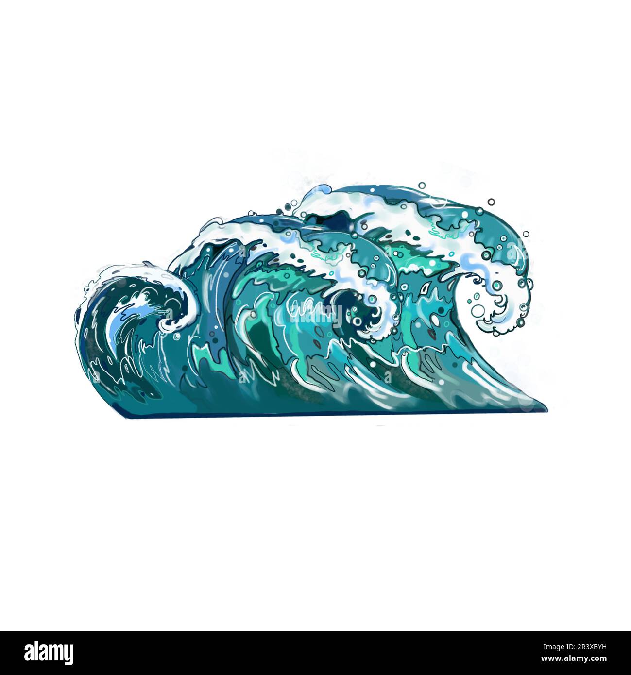 frammento di un'onda, isola su uno sfondo bianco le frustrazioni sono disegnate su uno sfondo blu. Disegnato a mano. per la progettazione di cartoline, opuscoli, c Foto Stock