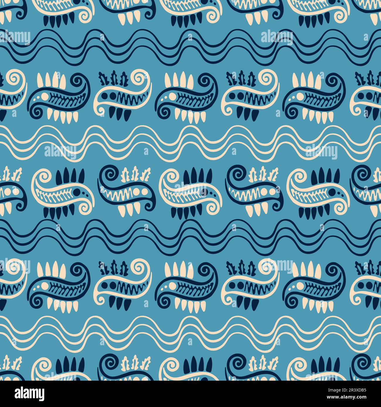 Illustrazione decorativa con pesci nell'oceano, motivo vettoriale senza cuciture Illustrazione Vettoriale