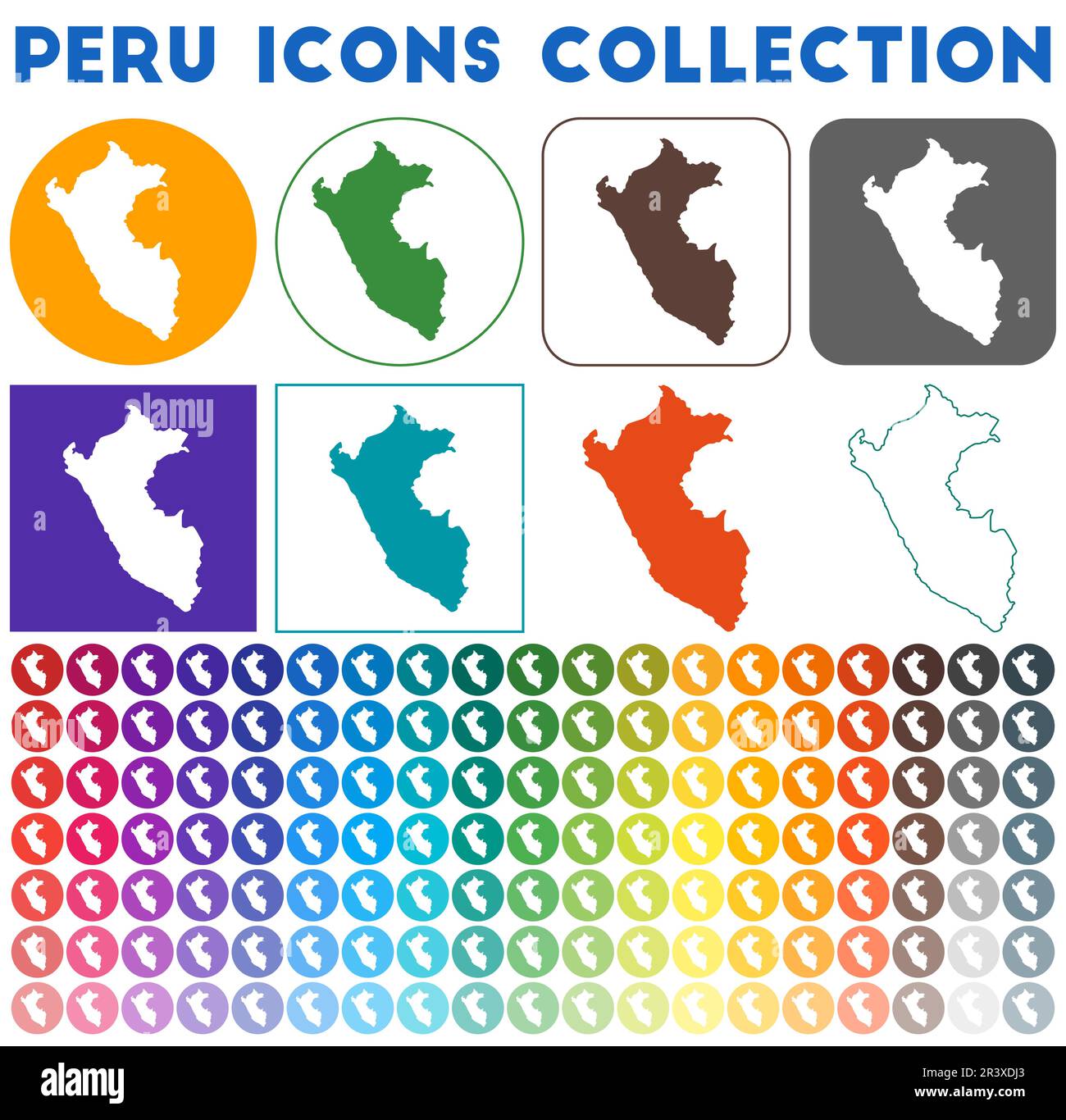 Collezione icone Perù. Icone luminose e colorate alla moda. Badge Perù moderno con mappa del paese. Illustrazione vettoriale. Illustrazione Vettoriale