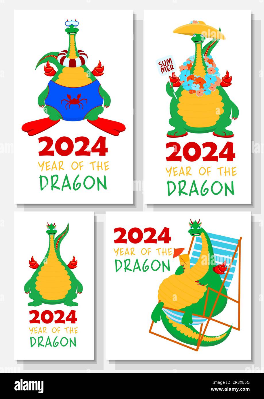 Collezione di simpatici personaggi drago. Il drago verde è il simbolo di 2024 Illustrazione Vettoriale