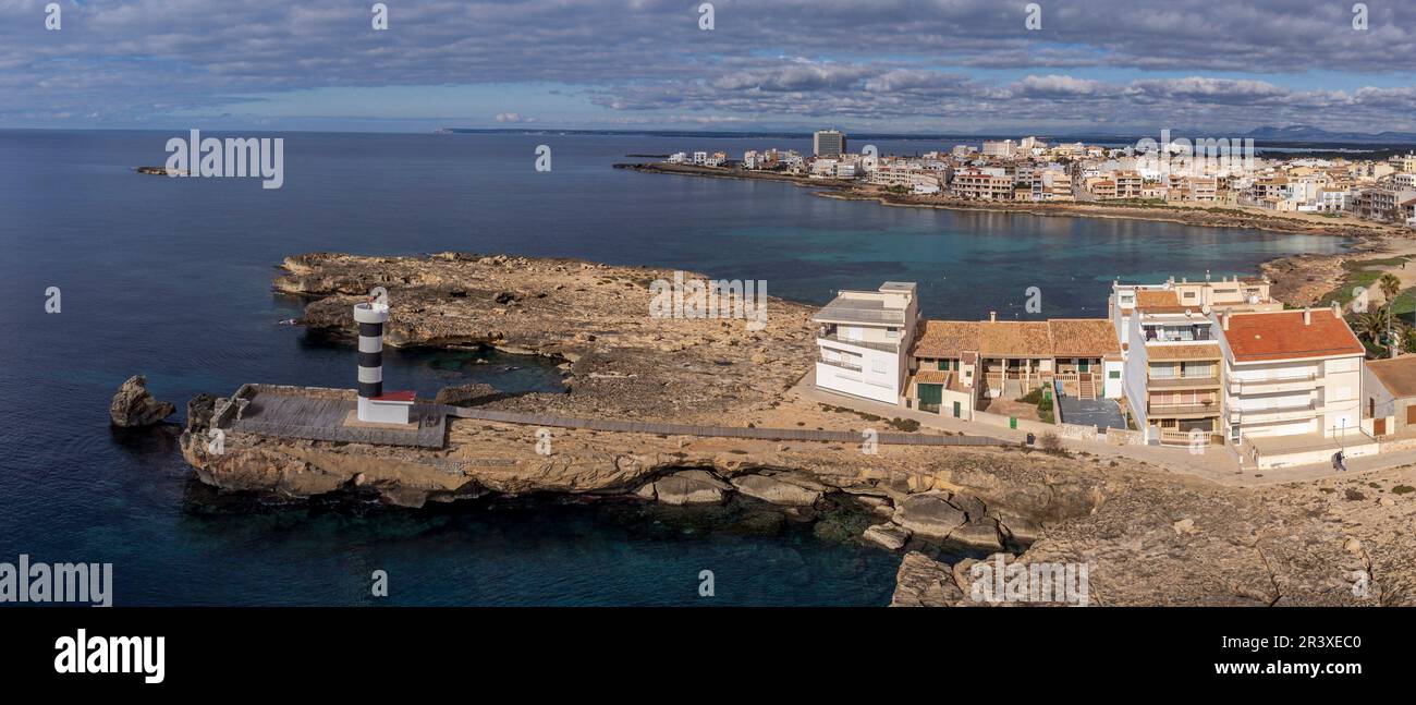 faro, Colònia de Sant Jordi, ses Salines, Mallorca, Isole Baleari, Spagna. Foto Stock
