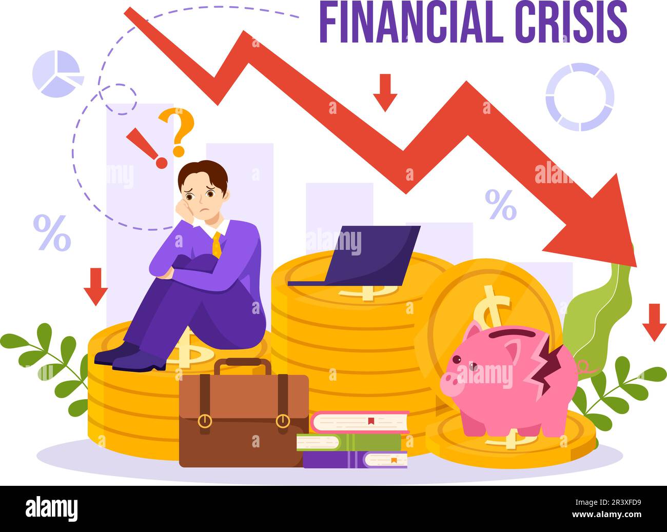 Crisi finanziaria Vector Illustration con fallimento, crollo dell'economia e riduzione dei costi in Cartoon piano modelli di landing page disegnati a mano Illustrazione Vettoriale