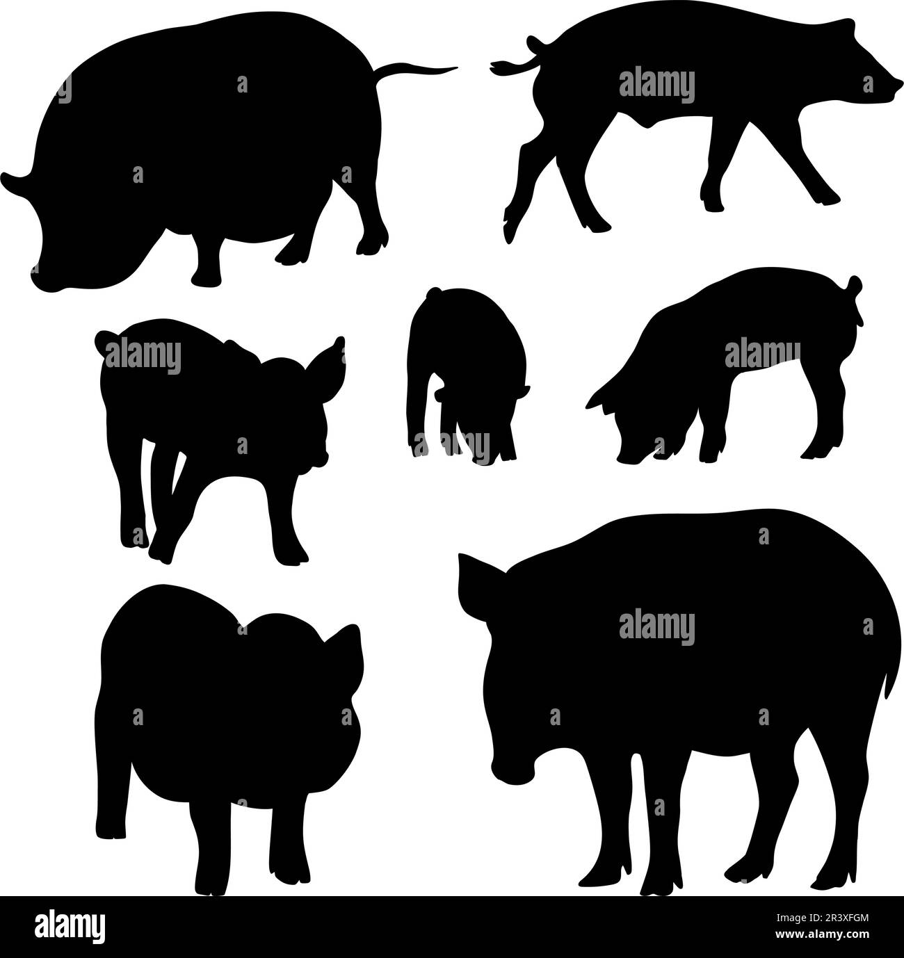 Silhouette di raccolta maiali e cinghiali. Illustrazione vettoriale. Disegni isolati a mano animali da fattoria su sfondo bianco per la progettazione Illustrazione Vettoriale