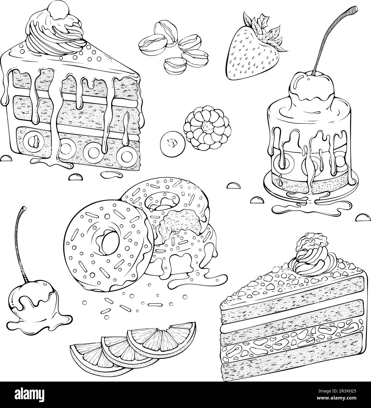 Set di vari dessert linea arte Illustrazione Vettoriale