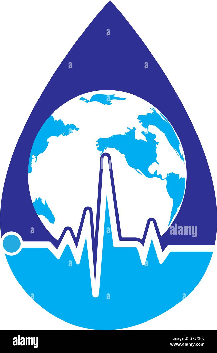 Icona di disegno del logo del globo del pulse. Cardiogramma a impulsi e logo vettoriale dell'icona Globe. Icona del globo terrestre con battito cardiaco. Illustrazione Vettoriale