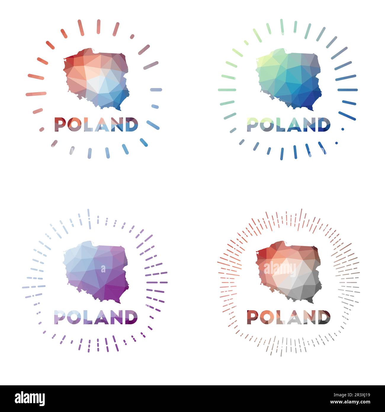 Polonia basso Poly sunburst set. Logo di paese in stile poligonale geometrico. Illustrazione vettoriale. Illustrazione Vettoriale