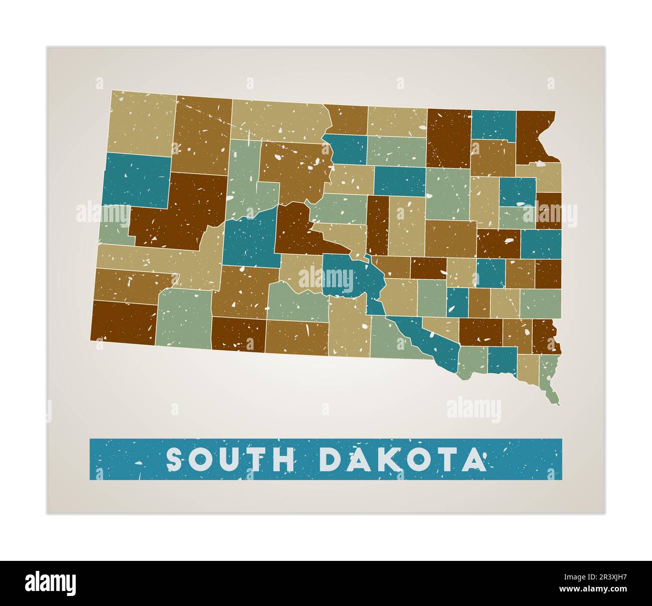 Mappa del South Dakota. Poster dello stato DEGLI STATI UNITI con le regioni. Vecchia trama grunge. Forma del South Dakota con il nome dello stato degli Stati Uniti. Illustrazione vettoriale ordinata. Illustrazione Vettoriale