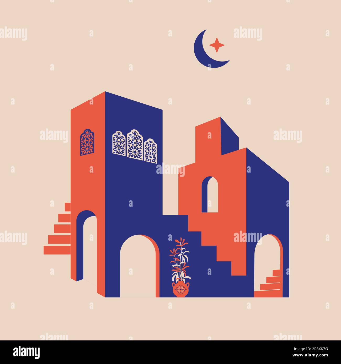 Astratti creativi e minimalisti. Facciata della casa o della moschea con fontana d'acqua, lampada a candela, scale, piante da interno. Illustrazione vettoriale. Illustrazione Vettoriale