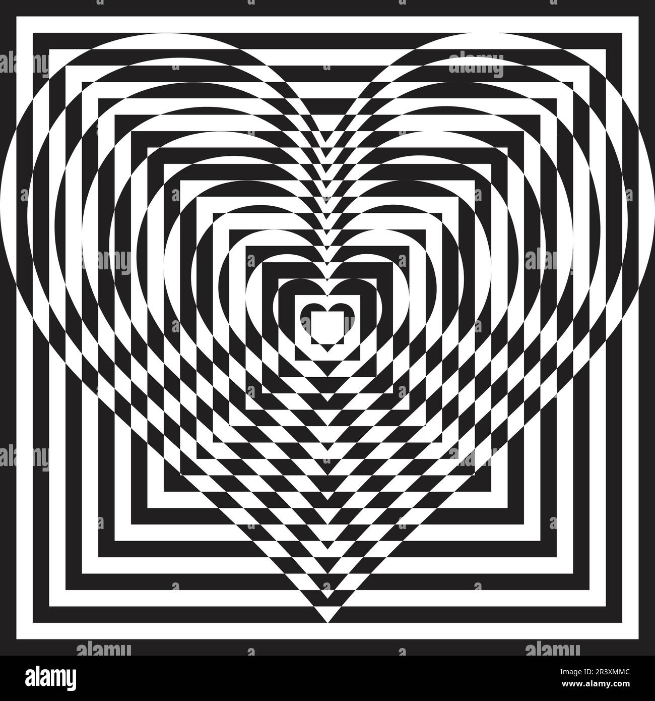 Sfondo astratto a motivi geometrici con cuore bianco e nero e forme quadrate Illustrazione Vettoriale