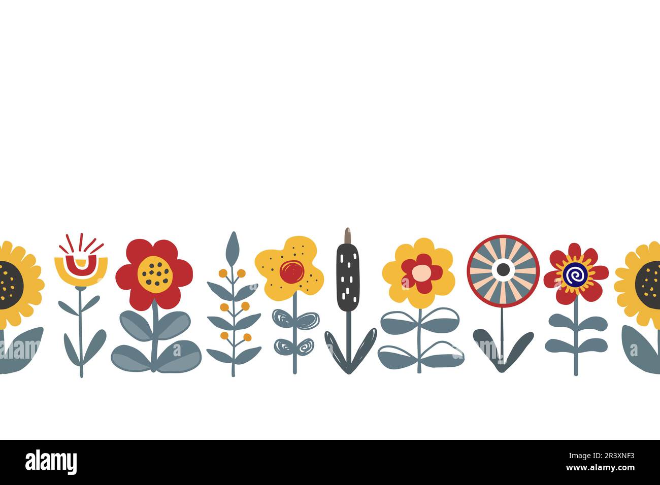 Carino disegno a mano fiori senza cuciture modello. Bel confine fiorito in stile scandinavo o ucraino. Design per tessuti, saluti, sfondi Illustrazione Vettoriale