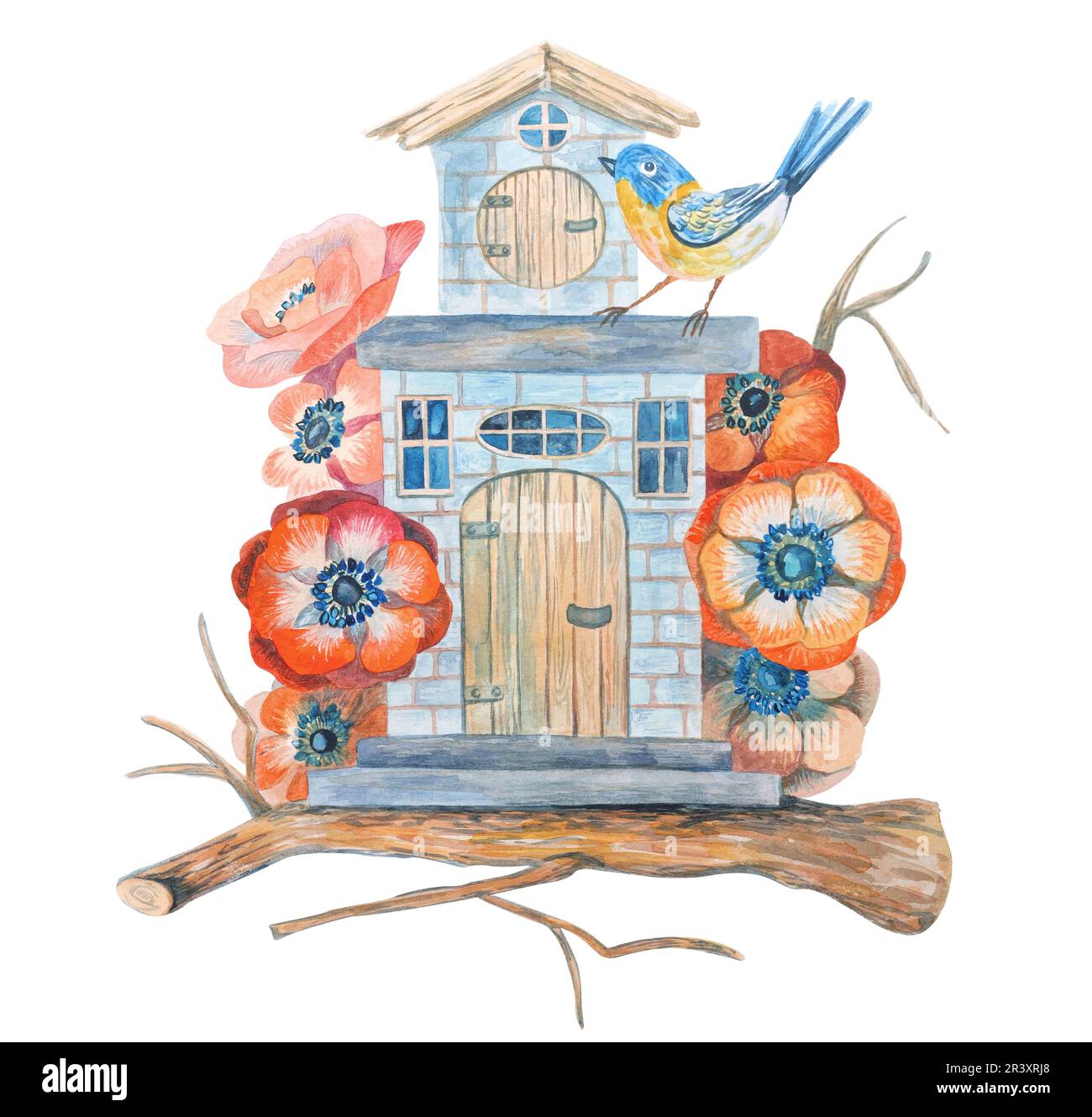 Casa decorativa su un ramo con un uccello circondato da fiori. Illustrazione acquerello, disegnata a mano. Per il design della stanza dei bambini, le coperture Foto Stock