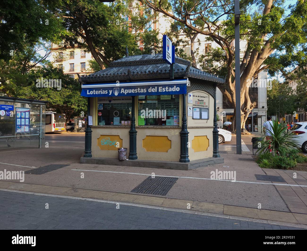 Málaga, Spagna. Chiosco della lotteria, loterias y apuestas del estado al centro della città. Foto Stock