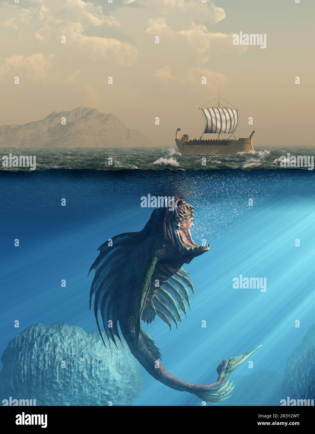 Charybdis è un enorme mostro di mare della mitologia greca, spesso abbinato a Scilla. Figlia di Poseidone, è una creatura che crea vortici. Foto Stock