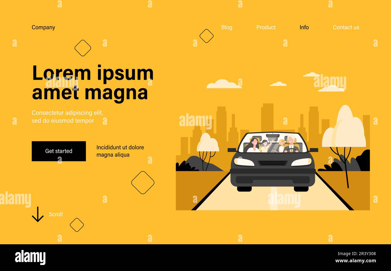 Felice coppia di famiglia e due bambini in auto Illustrazione Vettoriale