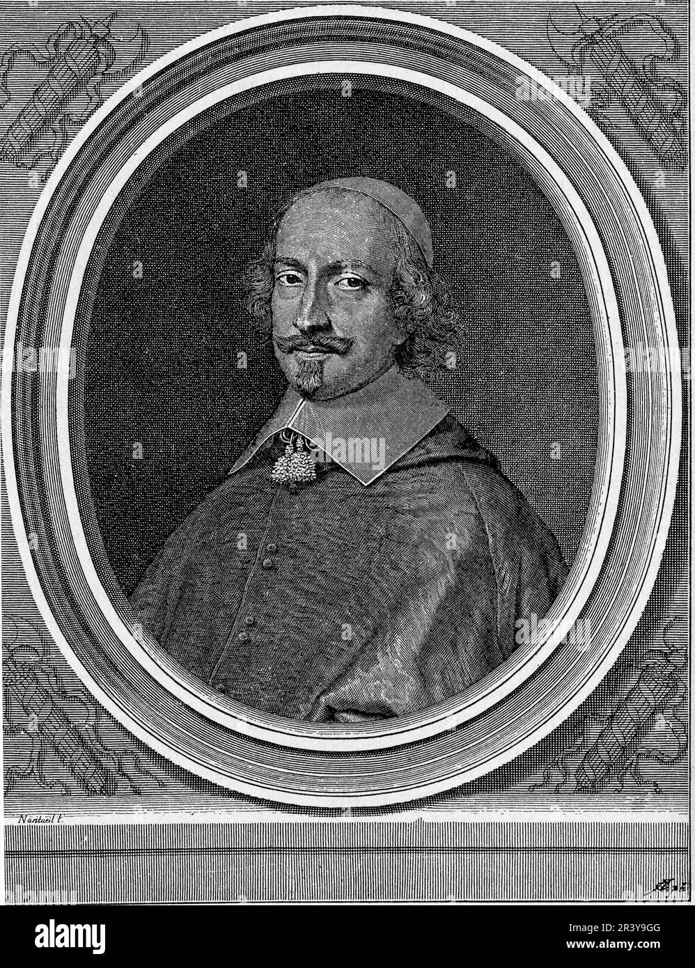 Il Cardinale Mazarin era uno statista e cardinale italo-francese del 17th° secolo, che durante la sua minoranza servì come primo ministro di Luigi XIV. Continuò le politiche centralizzanti di Richelieu e supervisionò la fine della Guerra dei Trent'anni. Il suo dominio fu segnato dalla corruzione e dall'opposizione, ma è anche ricordato per il suo patrocinio delle arti e della letteratura. La sua eredità include la creazione di una posizione dominante francese in Europa Foto Stock