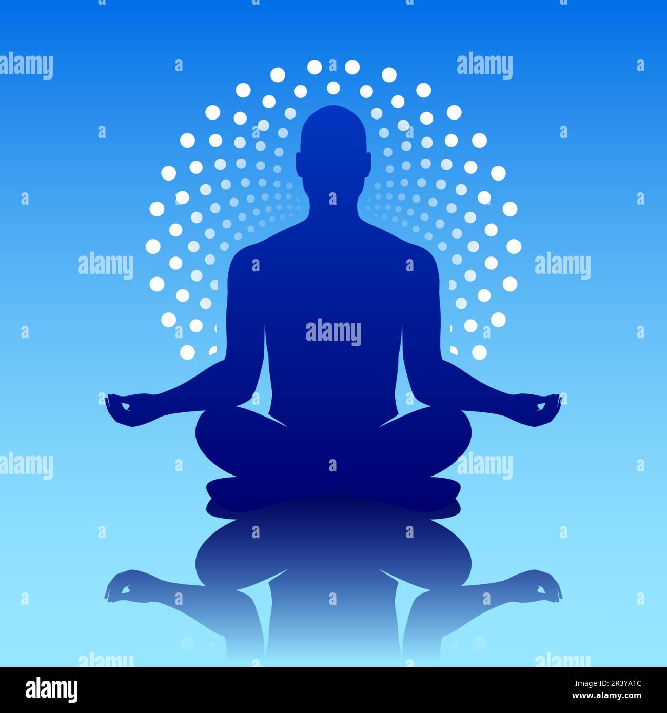 Yoga uomo con alone ornamentale bianco punteggiato, meditando in una posa loto su sfondo blu, poster vettoriale spirituale. Illustrazione Vettoriale