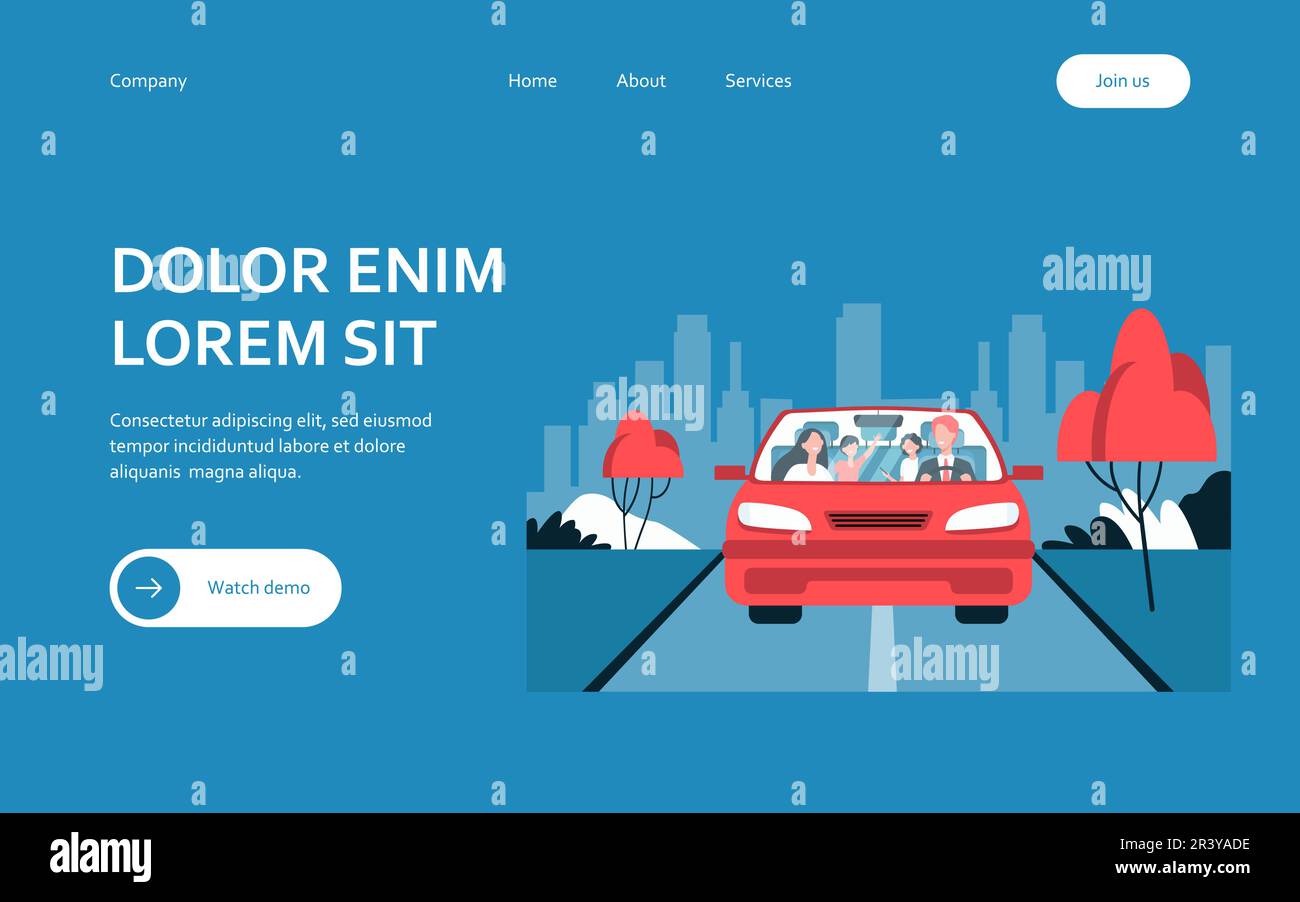 Felice coppia di famiglia e due bambini in auto Illustrazione Vettoriale